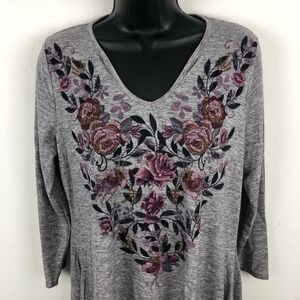 ONE WORLD SHIRT FLORAL TOP BLOUSE STRETCH LARGE V Neck Asymmetrical Hem